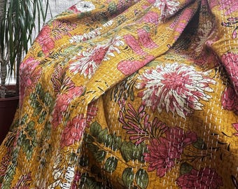 Kantha Stitch Pure Cotton Reversible Bed/Sofa Throw King Size Handmade Floral Indian Dohar Elegant Dusted Mustard Rose Pink Botanical Bloom