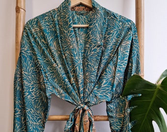 Men's Silk Boho Kimonos Man House Beach Artist Robe | Elegant Aqua Teal Green Forest Paisley King Black Beige | Regal Urban Nomad Magic