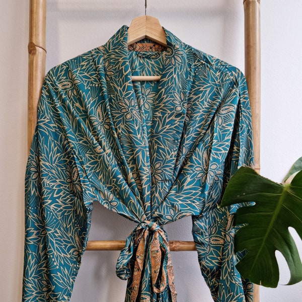 Men's Silk Boho Kimonos Man House Beach Artist Robe | Elegant Aqua Teal Green Forest Paisley King Black Beige | Regal Urban Nomad Magic
