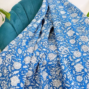 Kantha Stitch Pure Cotton Reversible Bed/Sofa Throw King Size | Handmade HandPrinted Floral Dohar | Blue Floral Burst White Gardenia