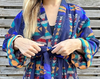 Unisex Yak Wool Blend Warm Cosy Kimono/Robe – Regal Voilet Navy Blue Beige Maroon Mustard Aqua Geometric Stripe Aztec Print | Christmas Love