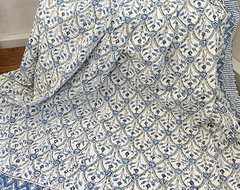 Kantha Stitch Pure Cotton Reversible Bed/Sofa Throw King Size | Handmade HandPrinted Country Dohar | Elegant White Grey Blue Wave Diamond