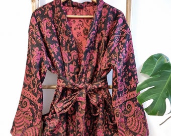 Paisley Unisex Yak Wool Blend Kimono/House Lounge Robe | Classic Black Pink | Elegant Cosy Warm Home Dressing | Autumn Winter Gift |