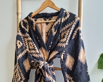 Unisex Yak Wool Blend Floral Kimono/Robe | Regal Urban Black Gold Beige Cream Geometric Diamonds Aztec Print | Southwestern Ikat Style