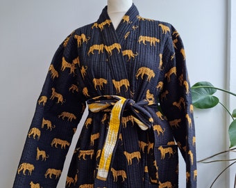 Quilted Unisex Pure Cotton Reversible Long Autumn Winter Dressing Kimono Robe Boho Indian Blockprint Classic Black Leopard Ikat Yellow