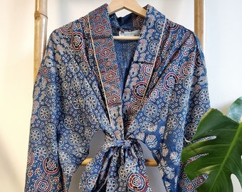 Men’s Cotton Block print House Regal Robe Kimono | Ajrakh Blue Indigo Patchwork | Handprint Geometric Garden