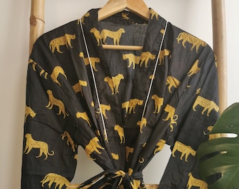 Men’s Cotton Funky House Robe Kimono | Royal Black Mustard Yellow Tiger Animal | Cool Dad Gift Father Urban Man Jungle