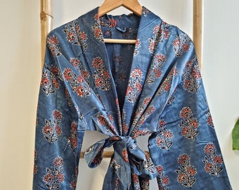 Men's Silk Mashru Ajrakh Handprinted Boho Kimonos | Man House Beach Artist Robe | Faded Denim Blue Black Red Persian Mughal Floral Motif |