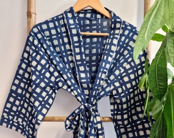 Pure Cotton Indian Block printed House Robe Summer Kimono | Floral Beach Coverup/Comfy Maternity Spring Urban Geometric Blue White Checks