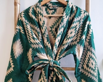 Unisex Yak Wollmischung Floral Kimono / Robe | Regal Urban Emerald Grün Beige Creme Geometrische Diamanten Azteken-Druck