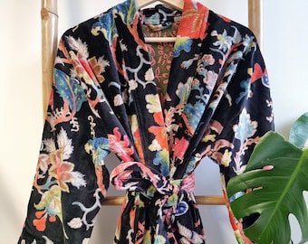 Luxury Velvet House Robe Unisex Kimono Boho Jacket Reversible Lined Dressing | Winter Christmas Gift Elegant Royal Black Orange