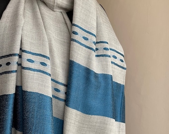 Pure Wool Pashmina Man Scarf Stole |  Wool Scarves Christmas Gift | All Season Checks Kashmir Wrap | Regal Light Grey Teal blue