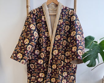 Robe kimono longue automne-hiver réversible unisexe en pur coton matelassée Boho Blockprint classique noir moutarde bordeaux à rayures cachemire