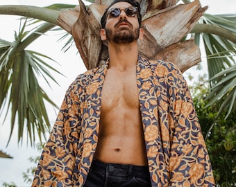 Men's Silk Boho Kimonos Dressing Robe Man House Beach Artist Summer King Beach Jungle Wild Tropical Boho Charcoal Black Mustard Rust Leaf