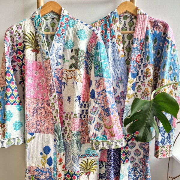 Quilted Unisex Pure Cotton Reversible Long Length Autumn Winter Dressing Kimono Robe Boho Indian Pastel White Blue Green Pink Patchwork