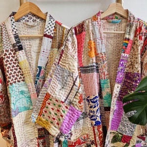 Silk Kantha Cotton Knee Length Patchwork Reversible Kimono Jacket Unisex Robe Handmade | Elegant Boho Gift Neutral Pastels White |