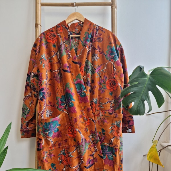 Luxury Velvet House Robe Unisex Kimono Boho Jacket Reversible Indian Silk Lined Cosy Warm Gift Elegant Fire Orange Passion | Mother Love