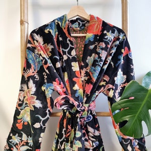 Luxury Velvet House Robe Unisex Kimono Boho Jacket Reversible Lined Dressing | Winter Christmas Gift Elegant Royal Black Orange