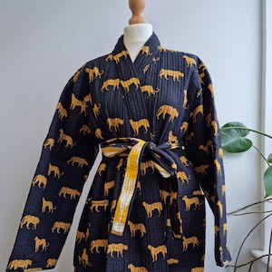 Quilted Unisex Pure Cotton Reversible Long Autumn Winter Dressing Kimono Robe Boho Indian Blockprint Classic Black Leopard Ikat Yellow