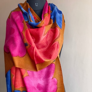 Pure Wool Hand-painted Pashmina Scarf Stole | Handmade Gifts |  Wool Scarves | All Season Floral Kashmir Wrap | Regal Mustard Pop