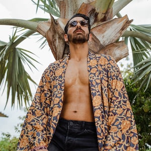 Men's Silk Boho Kimonos Dressing Robe Man House Beach Artist Summer King Beach Jungle Wild Tropical Boho Charcoal Black Mustard Rust Leaf