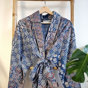 Men’s Cotton Block print House Regal Robe Kimono | Ajrakh Blue Indigo Patchwork | Handprint Geometric Garden