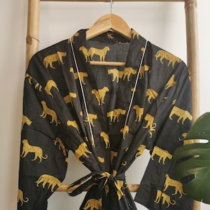 Men’s Cotton Funky House Robe Kimono | Royal Black Mustard Yellow Tiger Animal | Cool Dad Gift Father Urban Man Jungle
