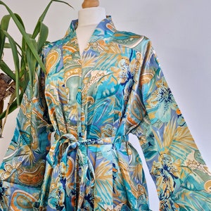 New Satin Silky Sari Boho Kimono Regal House Robe Luxury Lounge Digital Print Flowy Dressing Gown |Pastel Aqua Turquoise Blue Mustard Leaves