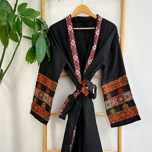 Unisex Yak Wool Blend Kimono/House Lounge Robe  – Black Mustard Red Aztec TribalGeometric | Classic Man Warm Hygge Gift | Christmas Love