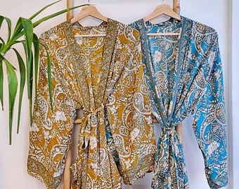 New Silky Sari Boho Kimono Regal House Robe Luxury Lounge Flowy Gown | Duster Coverup | Mustard Yellow Ocean Blue Mughal Persian Paisley