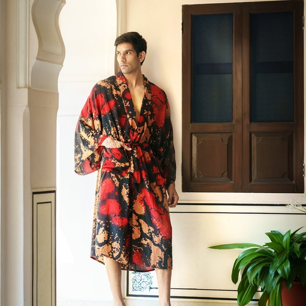 Men's Silk Boho Kimonos Man House Beach Artist Robe- Ombre Artist King of the Midnight Love Black Deep Red Sand Romance
