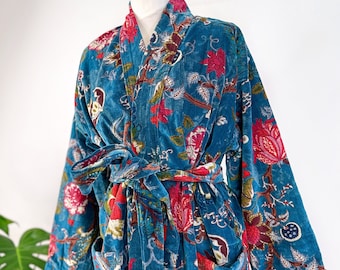 Luxury Velvet House Robe Unisex Kimono Boho Jacket Lined Christmas Valentine Love Gift | Rich Teal Hue Passion Lover Exotic Garden Romance