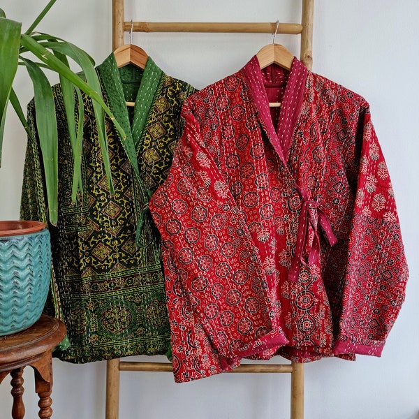 Kantha Reversible Ajrakh Short Length Spring Bolero Bohemian Melange Artist Unisex Front Tie Open Jacket Red Hue Quirky Festival Patchwork