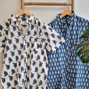 Chemise homme 100 % coton indienne imprimée à la main Détendu Été Cool Confortable Jardin Plage Pique-nique Urbain Homme Papa Cadeaux Blanc bleu Paisley