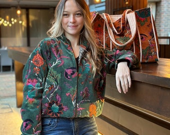 Luxury Velvet Boho Bomber Jacket Quirky Floral Layer Dinner Chic Bolero Winter Christmas Gift | Elegant Royal Emerald Green Pink Autumn Burn
