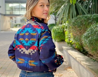 Yak Wool Blend Geometric Bomber Bolero Warm Cosy Jacket | Regal Blue Turquoise Mustard Geometric Diamond Aztec | Southwestern Ikat Style