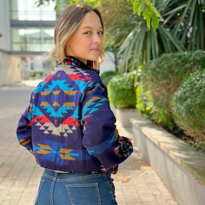 Yak Wool Blend Geometric Bomber Bolero Warm Cosy Jacket Regal Blue Turquoise Mustard Geometric Diamond Aztec Southwestern Ikat Style image 1