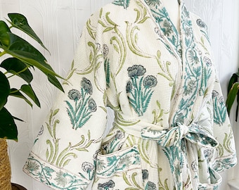 Pur coton gaufré imprimé à la main maison de bain Kimono d'été | Robe de plage florale spa | Blanc ardoise pastel printanier aqua sauge gardénia