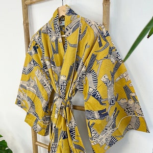 Men’s Cotton Funky House Robe Kimono - Royal Mustard Yellow Black White | Feline Cat | Egyptian Art | Animal Cool Dad Gift Father Husband