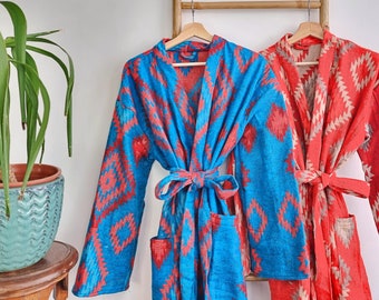 Unisex Yak Wool Blend Floral Kimono/Robe | Regal Urban Bright Turquoise Orange Geometric Diamonds Aztec Print | Cosy Winter Christmas Gift
