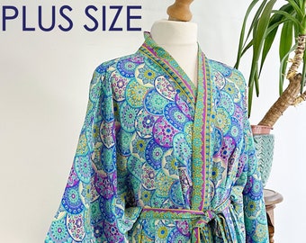 Plus Size Boho Kimono Regal House Robe - Luxury Lounge Digital Print Flowy Gown | Ocean Aqua Blue Mermaid Oriental Mandala Duster Beach