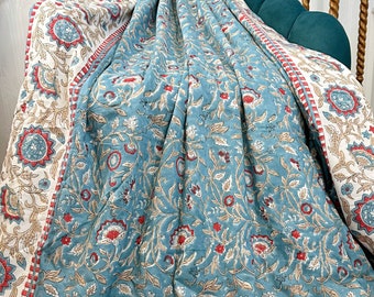 Pure Soft Cotton Indian Floral Dohar Reversible Bed/Sofa Throw Summer Quilted King Size Handmade HandPrinted Slated Teal White Red Beige