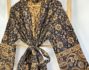 Paisley Unisex Yak Wool Blend Kimono/House Lounge Robe | Classic Black Beige Gold | Elegant Cosy Warm Home Dressing | Mother Love Gift |