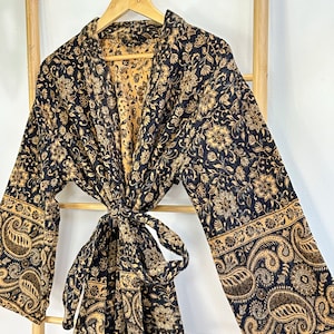 Paisley Unisex Yak Wool Blend Kimono/House Lounge Robe | Classic Black Beige Gold | Elegant Cosy Warm Home Dressing | Mother Love Gift |
