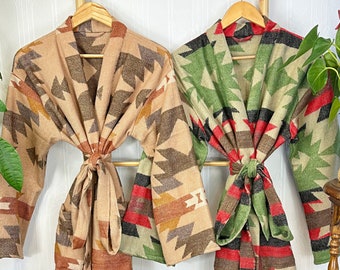 Unisex Yak Wool Blend Floral Kimono/Robe | Regal Urban Beige Cream Green Red Black Geometric Diamonds Aztec Print | Southwestern Ikat Style