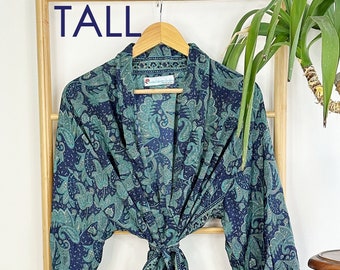 Tall Men's Silky Boho Kimonos Man House Beach Artist Robe - Navy Blue Aqua Paisley Romance |  Bohemian Festival Dressing Gown Lover Man Gift
