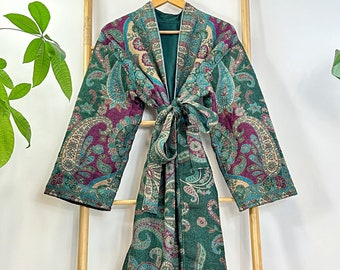Luxury Pure Merino Boiled Wool Unisex Paisley Floral Kimono Jacket Robe | Persian Oriental Green Plum Aqua Hues Desire | Winter Lover Gift
