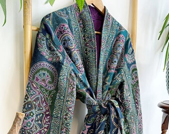 Luxury Pure Merino Boiled Wool Unisex Paisley Floral Kimono Jacket Robe | Persian Oriental Green Teal Navy Plum Rich Hue | Winter Lover Gift