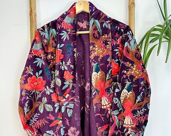 Lyxig sammet Boho Quirky Blommig Axelaxelryckning Ytterlager Middagschic Elegant Kappa Kavaj Knytband Bolero Japansk Stil | Lila Plommonrosa Fåglar
