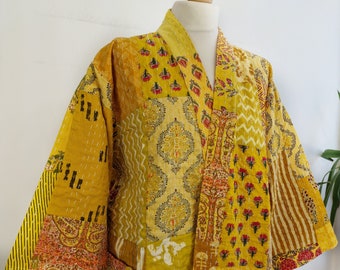 Kantha Cotton Long Kimono Jacket Unisex Robe Handmade Sustainable Eco-fashion Regal Spring Sunshine Yellow Hues Mughal Patchwork